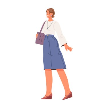 Zarif ya da resmi kıyafetler ve omuz çantası giyen yürüyen genç bir bayan. Vektör izole öğrenci, kadın dışarıda dolaşıyor, işe gidiyor ya da işten geliyor. Yürüyüşteki neşeli kadın karakter