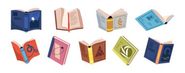 Book or publication for lessons and classes, university or college disciplines. Vector set of modern printed works. Obtaining knowledge and studying, isolated textbook with open pages