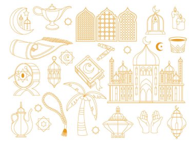 İslami semboller ve altın çizgili süslemeler. Vektör, Ramazan ayı boyunca gelenekleri çiziyor. İzole edilmiş fener ve eller, namaz örtüleri ve cami, ay ve Kur 'an, ibadet halısı ve hurmalar
