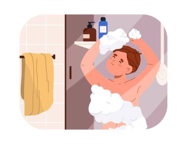 Genç çocuğun okuldan önce ya da sonra duş almasının günlük rutini. Düz stil, hijyen ve günlük günlük ev işleri ve kişisel alışkanlıklar. Çocuk köpük ve sabunlu suyla kaplı, temiz.