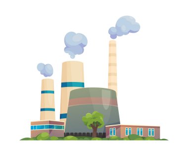Elektrik santrali, enerji ve elektrik üreten istasyon. Nükleer reaktör, kontrol çubukları, buhar jeneratörü ve türbinleri olan bir vektör tesisi. Fabrika veya imalatçı, borulardan çıkan dumanla rafineri