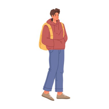Omuzlarında çantasıyla gezen genç. Vektör, okula ya da üniversiteye yürürken günlük kıyafetler giyen yalnız bir erkek karakter. Öğrenci ya da genç adam dışarı çıkıp kafa dağıtacak.
