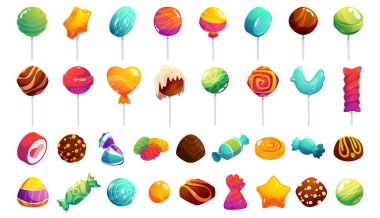 Şekerler ve lolipoplar hazır. Vektör izometrik şekerli tatlılar ve şekerlemeler. Şekerci dükkanı reklamı ve bilgi. Çocuklar için lezzetli yemekler. Menüyü ve ambalaj projelerini kaydet