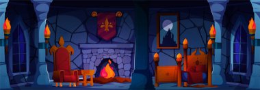 Çizgi film ortaçağ iç mekanı. Vector King yatak odası ahşap mobilyalar, kraliyet sancakları, sıcak meşale ışığı ve dekoratif kale pencereleri. Oyunlar, animasyonlar ve çocuk hikayeleri için fantezi tarzı