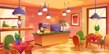 Kafenin içinde kolye lambaları ve boş kahve evi var. Vektör karikatür kafeteryası, masa ve sandalyeli mağaza tasarımı, pencere kenarındaki rahat yastıklı tezgah ve koltuk, duvardaki resim