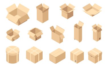 Açık ve kapalı karton kutular seti, izole edilmiş kapaklı izometrik kutular. Teslimat ve dağıtım şirketi için bant ve ambalaj şablonu içeren vektör paketleri. Kurye ekspresi hareket ediyor
