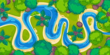 Nehir manzarası, yukarıdan manzara. Doğal akışı olan güzel bir vadi. Kıyısında yeşillik olan sarmal bir dağ deresi. Nehir yatağı ve kıyı şeridi taşlarla, ağaçlarla ve çalılarla