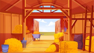 Yığınla, pipetli, saman yığınlı ve teçhizatlı ahırın içi. Kapıları açık olan vektör çiftliği merkez binası. Ahşap karikatür yapımı saman depolama ve atlar için tezgah