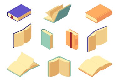 Boş sayfalar ve yer imleriyle donatılmış Isometric kitaplar. Vektör açık ve kapalı yayın ve ansiklopediler. Eğitim ve eğitim süreci. Yemek pişirme ya da günlük tarifleriyle cilt, kişisel günlük