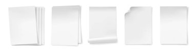 Köşeleri kıvrımlı A4 kağıtları. Boş dokümanların bükülmüş ya da bükülmüş sayfalarının vektör gerçekçi kümesi. Boş yuvarlak kağıtlar ya da yazılı malzemeler. Kıvrımsal sayfalar veya boş boşluklar