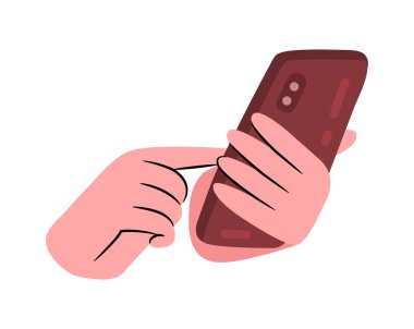 Cep telefonu kullanmak, sohbet etmek ya da ekranı dinlemek. Düz biçimli vektör, dokunmatik ekranlı akıllı telefon, uygulamayla etkileşim, iletişim ya da çevrimiçi dünyayla etkileşim