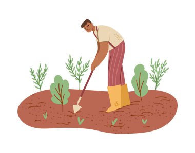 Ot ve ottan toprak çapalamak ve ayıklamak. Düz stil vektörü, yalıtılmış erkek karakter çiftçiliği ve bahçıvanlık faaliyetleri üniforma ve Wellington botlar, tarım arazisi veya çiftlik