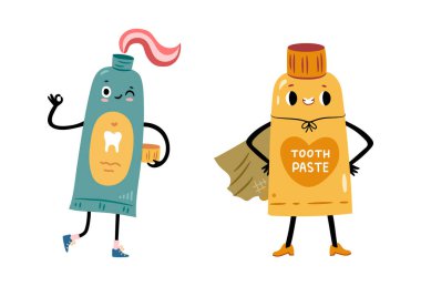 Süper kahraman kılığındaki oyuncu diş macunu karakterleri. Vektör, elleri ve bacaklarıyla gülen çizgi film karakterlerini izole etti. Çocukların diş bakımı ve ağız hijyen eğitimi. Yaratıcı otlaklar ve sağlıklı alışkanlıklar