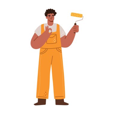 Boya silindirli ve üniformalı bir inşaat işçisi. Düz stil taşıyıcı, iş yerinde izole edilmiş erkek şahsiyet. Tamirci ya da tamirci, tamirci ya da ev dekorasyonu