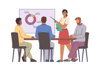 Finansal tablonun yanında duran ve toplantıda sunum yapan kadın. Beyin fırtınası, takım çalışması ya da uzman danışmanlığı. İş eğitimi, tartışma ve beyin fırtınası semineri