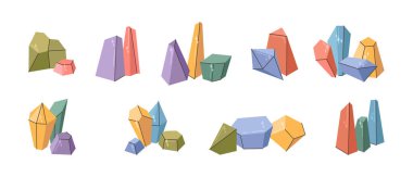 Değerli taşlar, mücevherler için izole edilmiş sıcak ve serin tonlu taşlar. Vektör aksesuar veya dekorasyon, lüks kaya parçası, hazine veya jeolojik bulgu. Doğal mücevherler ve mineraller.