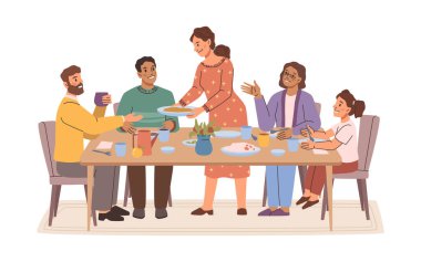 Mutlu bir aile yemek yiyor. Kadın, erkeğe lezzetli yemekler servis ediyor. Akrabalar pozitif atmosferde birlikte zaman geçirirler. İlişkileri güçlendirmek ve gevşemek. Şenlikli akşam yemeği.