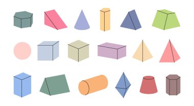 Geometrik şekiller seti, renkli küre ve küp, silindir ve paralel kenarlar, koniler ve piramitler. Geometrik şekillerin, doğrusal nesnelerin ve hatların vektör matematiği. Eğitim için platonik katılar