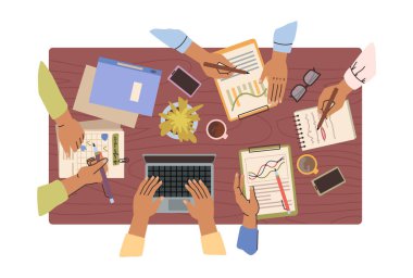 İnsanlar beyin fırtınası, iş ya da eğitim süreçleri sırasında el ele veriyor. Grup iş geliştirme için stratejik soruları tartışan belge ve dizüstü bilgisayarlı vektör izole takımı