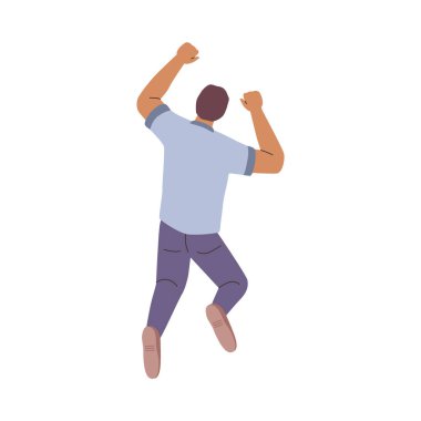 Olumlu duygular hisseden, soyutlanmış erkek karakter atlayan ya da dans eden. Neşeli çizgi film karakteri iyi ruh hali içinde. İçeriği ve mutluluğu ifade eden adam. Şanslı ve şanslı insan, geriye doğru bak.