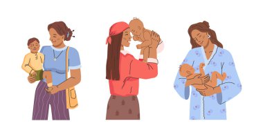 Anneler ve çocuklar birlikte vakit geçirip kaynaşıyorlar. Düz stil vektörü, izole edilmiş kadın ve çocuklar. Koruma ve annelik desteği. Ebeveynlik ve annelik, yeni doğan ve bebekler