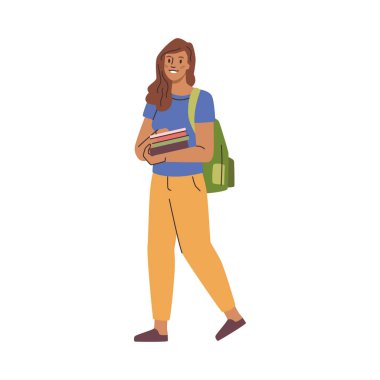 Young female character in casual clothes walking to educational institution. Vector cartoon personage going to school or university. Strolling girl carrying backpack on shoulder and holding books