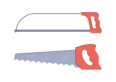 Keskin bıçaklı ve saplı el testereleri. Düz stil vektörü, tamirciler ve inşaat işçileri için izole edilmiş aletler. Odun ve metal kesme, bakım ve inşaat için modern ekipman