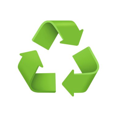 Çevresel bakım, geri dönüşümlü materyal ve çöp için geri dönüşüm işareti. Vektör, üç boyutlu olarak izole edilmiş simge. Doğal atık dönüşümü, yenilenme ve sürdürülebilir enerji kaynağı