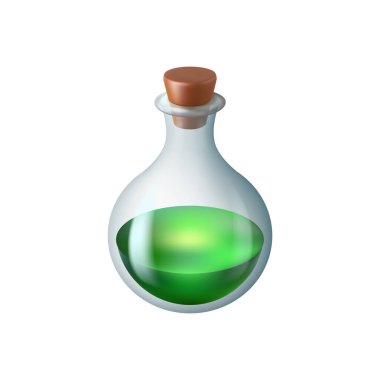 İksir ya da iksir ui oyun ikonu, sihirli içecekle izole edilmiş çizgi film şişesi. Vektör sağlığı geri getirecek ve yetenekleri güçlendirecek. Oyun yazılımında cilt ya da istatistiksel yükseltici ögesi. El işi ya da simya öğesi