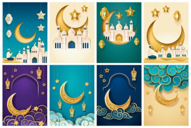 Ramazan gecesi kağıt kesim tarzıyla ayarlandı. Vektör cami kubbeleri, hilal ay, bulutlar ve yıldızlar, parlayan fenerler ve dua eden insanlar. Geleneksel İslami unsurlar Tebrik kartları ve şenlikli dekorasyon