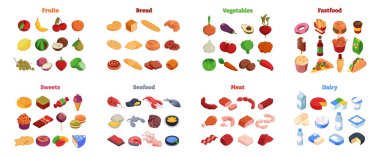 Çeşitli besin grupları hazır. Vektör deniz ürünleri, meyve ve sebzeler, fast food ve tatlılar, et ve süt ürünleri. Çeşitlilik ve beslenme kategorileri, market seçimi ve mutfak çeşitliliği