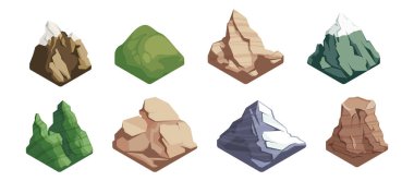 Dağlar kurulmuş. Yeşillik, kayalık arazi ve karlı vektör izometrik zirveler. Doğal yeryüzü şekilleri taş yüzeyleri, bitki örtülü zirveleri birleştirir. Doğa ve seyahat. Harita tasarımı