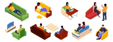 İnsanlar koltuklarda ve sandalyelerde rahatlıyor. Vektör yalan söyleyen ve uyuyan karakterleri izole ediyor, oyunlar oynuyor ve dizüstü bilgisayarlarla çalışıyor. Ev eğlencesi ve iç mekan hayatı. Ofis ya da oturma odası aktivitesi