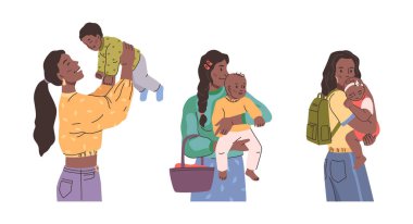 Kadın karakterler çocuklarla vakit geçirir. Düz stil taşıyıcı, annelik ve sevgi, bağlanma ve ebeveynlik. Bebek ve bebek taşıyan kadınlar veya yeni doğmuş bebekler, aile portresi