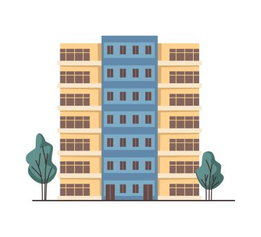 Farklı girişleri olan yüksek binalar. Vektör panoramik pencereli modern konut yapısını izole etti. Daireler için kentsel yapı. İnsanlar için yerleşim yeri