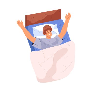 Yatakta ellerini uzatan bir erkek. Vektör yalıtılmış adam uyanıyor ya da uyuyor. Günlük rutin ve günlük hayat. Başlangıç ya da bitiş günü. Ayağa kalkmadan önce esne.