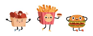 Komik fast food maskotları seti. Vektör karikatür tavuk bacağı, patates kızartması ve güzel yüzlü, kollu ve bacaklı hamburger karakterleri. Mutlu sokak abur cuburcuları zıplıyor. Çocuk menüsü emojisi