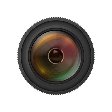 Kamera lensi. Işığın yansımalarını gösteren geniş cam elementli vektör gerçekçi optik ekipman. Ürün modelleri ve fotoğraf malzemeleri sunumları. DSLR ve aynasız aksesuarlar