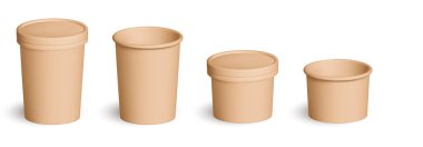 Yiyecek için kağıt ekolojik ambalaj. Hazır yemek, içecek ve içecekler için gerçekçi izole edilmiş eko bardaklar ya da konteynerler. Sıvıyı sıcak tutmak için kapaklı kupalar. Biyolojik çözünebilir kapaklar