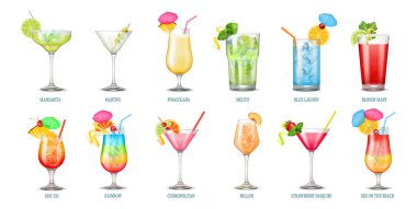Buzlu, meyveli, pipetli ve şemsiyeli bardaklarda alkollü kokteyller. Vector margarita ve martini, pinacolada ve mojito, blue lagoon ve Bloody Mary, mai tai ve Rainbow, bellini ve daiquiri