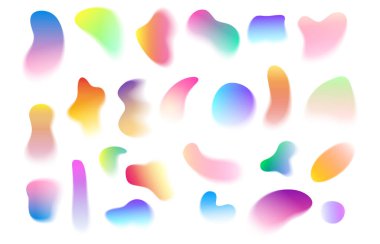 Soyut geometrik şekil bileşimi. Değişken geçiş ve bulanık etki gösteren vektör sıvısı formları. Yüzeyde ışık yansımaları var. Sunum, kapak veya arayüz tasarımı için modern dijital ögeler