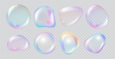 Sabun köpüğü seti. Yüzey yansıması olan vektör gerçekçi eğimli küre. Işık kırılması ve parlak dokuya sahip küresel şekiller. Sancak, sunum ve yaratıcı düzen kullanımı