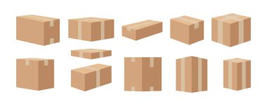 Paketleme ve eşya teslimatı için karton kutular. Vektör kapalı paket koleksiyonu logo ya da metin olmadan izole edildi, taşınma ya da taşınma için bant dolu kağıt torbalar