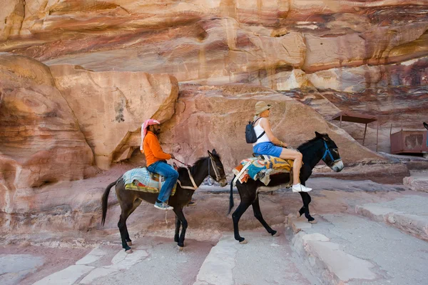 Tourist riding on donkey — Stock Photo, Image