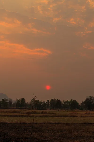 Abendlicher Sonnenuntergang mit Feldern und Bergen. — Stockfoto