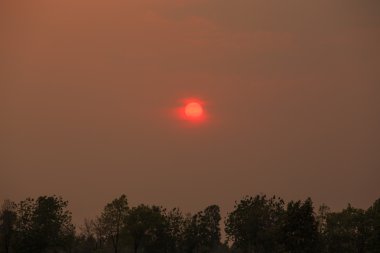 Akşam günbatımı alanları ve dağlar.