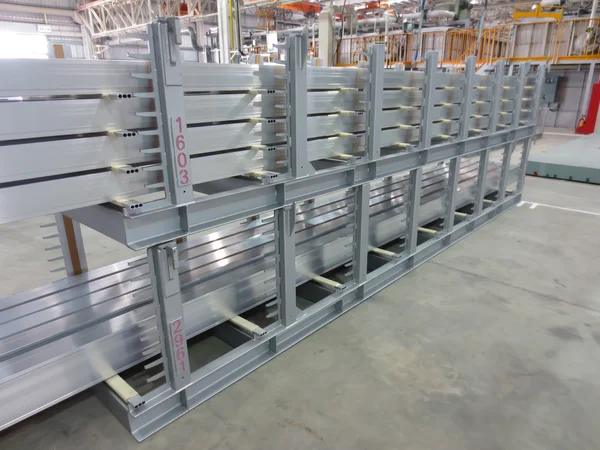 Aluminum lines stock rack in a factory. — Stock Photo, Image