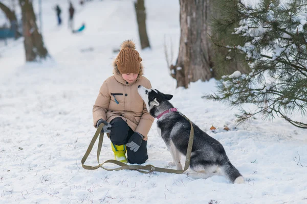 Boy with his dog in the snow — Stock Photo, Image