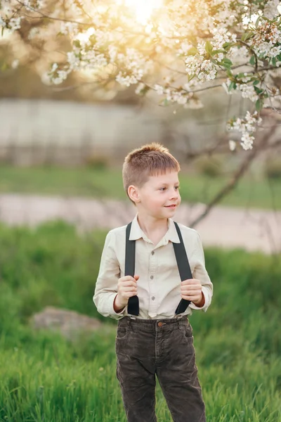 Pojke i blommande trädgård — Stockfoto