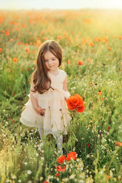 Mädchen auf dem Feld mit Mohn — Stockfoto